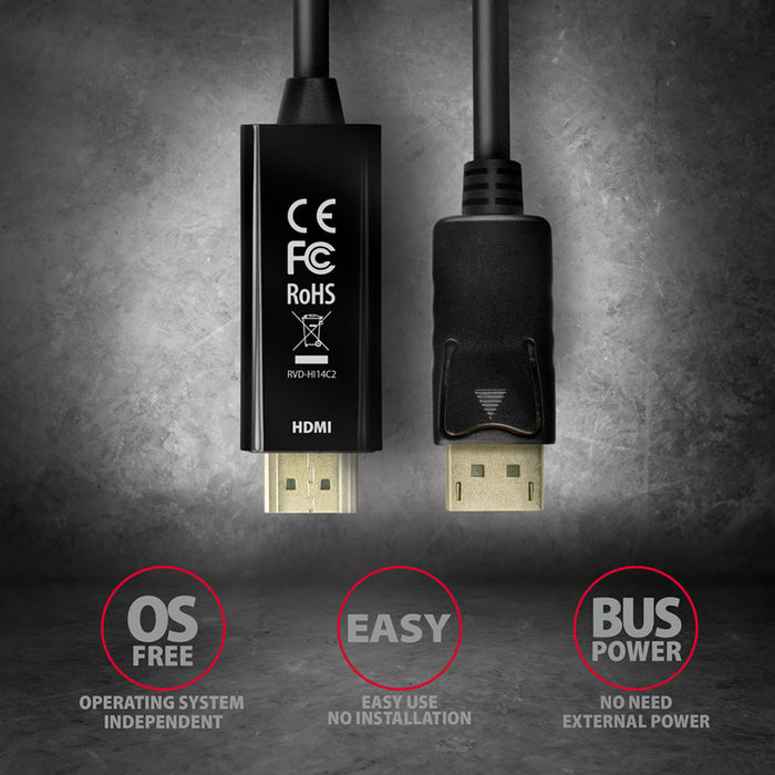 Кабел от източник с DisplayPort AXAGON към приемник с HDMI DISPLAYPORT>HDMI RVD-HI14C2 работи само в тази посока