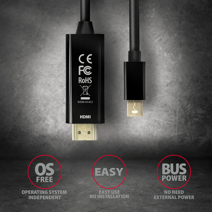 Кабел от източник с mini DisplayP AXAGON към приемник с HDMI MINI DP > HDMI RVDM-HI14C2 работи само в тази посока