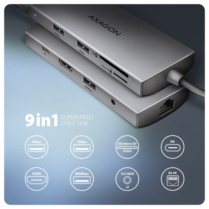 AXAGON HMC-8HLSA USB-C 3.2 Gen 1 Multiport Hub, 3x USB-A + 4K/60Hz HDMI + SD/microSD, Gigabit LAN, Audio, PD 100W - Сребрист