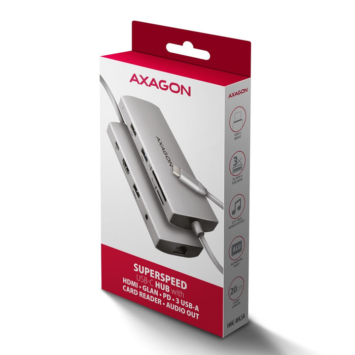 AXAGON HMC-8HLSA USB-C 3.2 Gen 1 Multiport Hub, 3x USB-A + 4K/60Hz HDMI + SD/microSD, Gigabit LAN, Audio, PD 100W - Сребрист