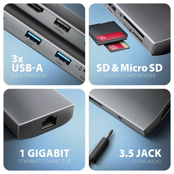 AXAGON HMC-8HLSA USB-C 3.2 Gen 1 Multiport Hub, 3x USB-A + 4K/60Hz HDMI + SD/microSD, Gigabit LAN, Audio, PD 100W - Сребрист