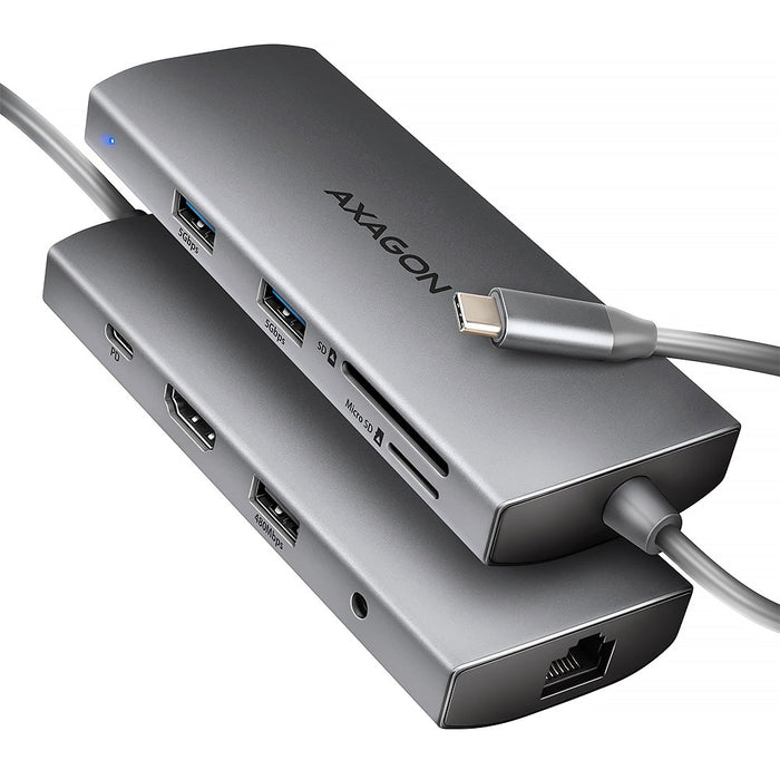 AXAGON HMC-8HLSA USB-C 3.2 Gen 1 Multiport Hub, 3x USB-A + 4K/60Hz HDMI + SD/microSD, Gigabit LAN, Audio, PD 100W - Сребрист