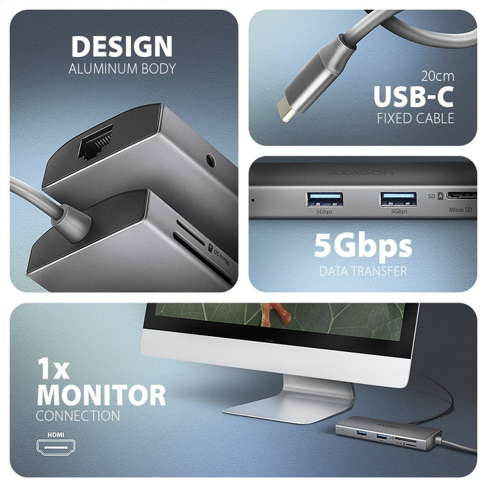 AXAGON HMC-8HLSA USB-C 3.2 Gen 1 Multiport Hub, 3x USB-A + 4K/60Hz HDMI + SD/microSD, Gigabit LAN, Audio, PD 100W - Сребрист