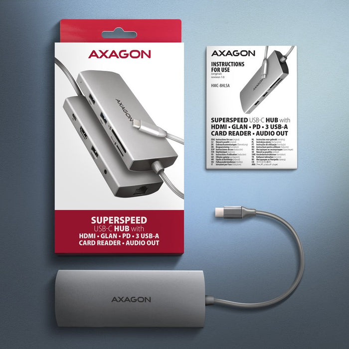 AXAGON HMC-8HLSA USB-C 3.2 Gen 1 Multiport Hub, 3x USB-A + 4K/60Hz HDMI + SD/microSD, Gigabit LAN, Audio, PD 100W - Сребрист