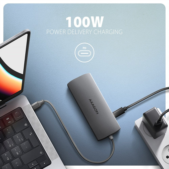 AXAGON HMC-8HLSA USB-C 3.2 Gen 1 Multiport Hub, 3x USB-A + 4K/60Hz HDMI + SD/microSD, Gigabit LAN, Audio, PD 100W - Сребрист
