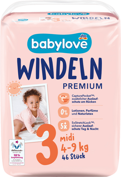 Бебешки пелени Premium, размер 3 Midi, (4–9 kg), 46 бр
