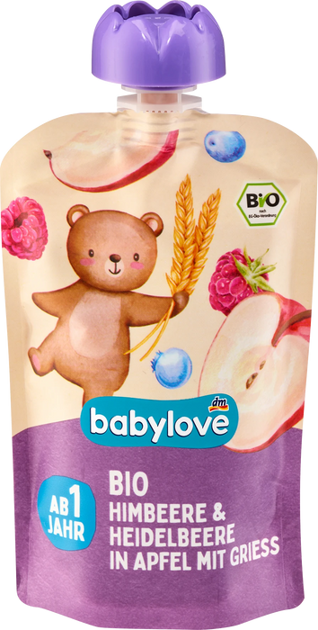 Био плодово пюре ябълка, малина и боровинка с грис, 1+г, 100 g