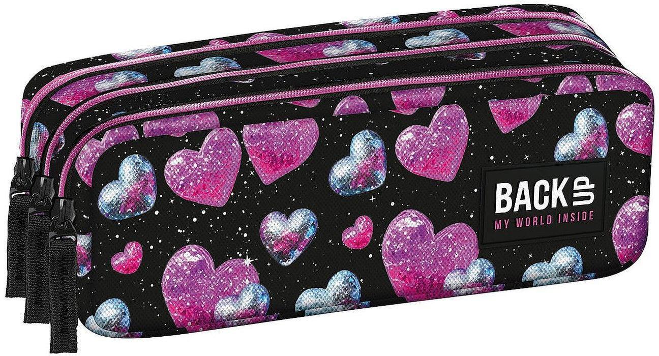 Ученически несесер BackUp 8 G - Glitter Hearts, 3 ципа