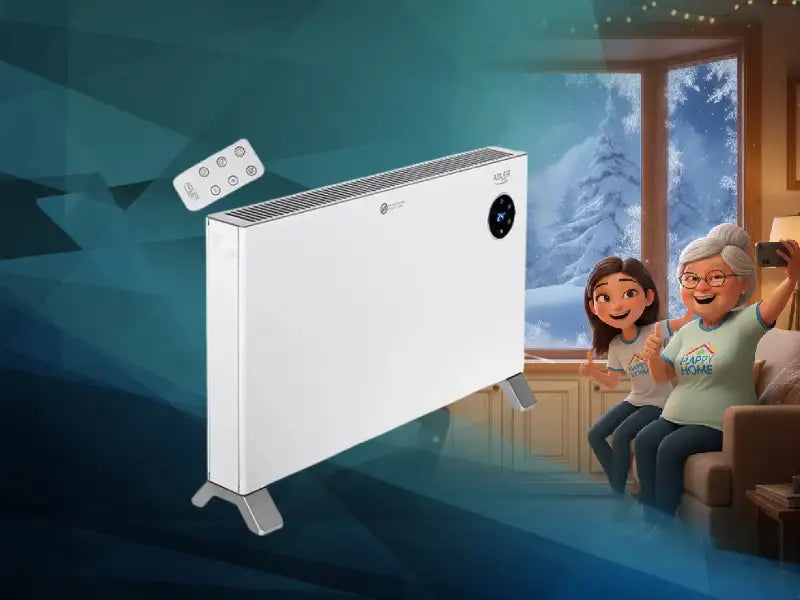 Бял конвекторен нагревател LG с дистанционно управление и цифров дисплей.