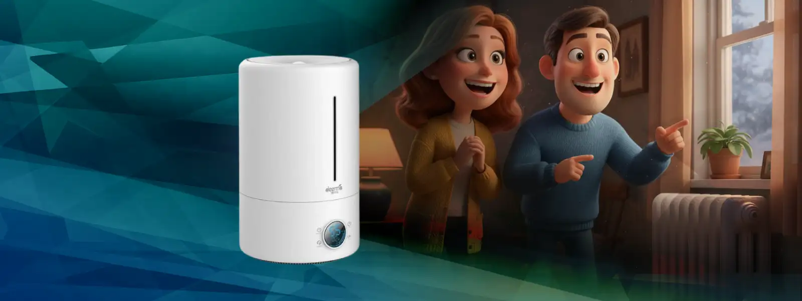 Бял овлажнител с черни акценти и елегантен, модерен дизайн.