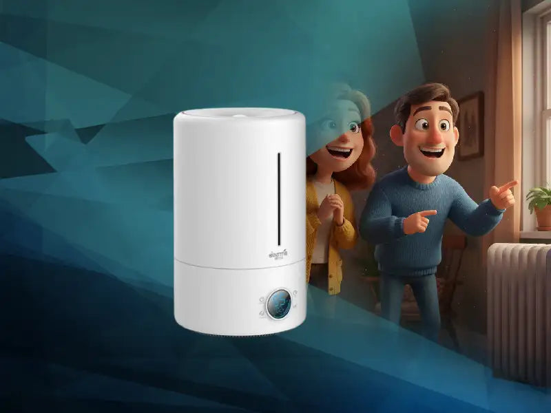 Бял овлажнител с елегантен дизайн и сребърни акценти.