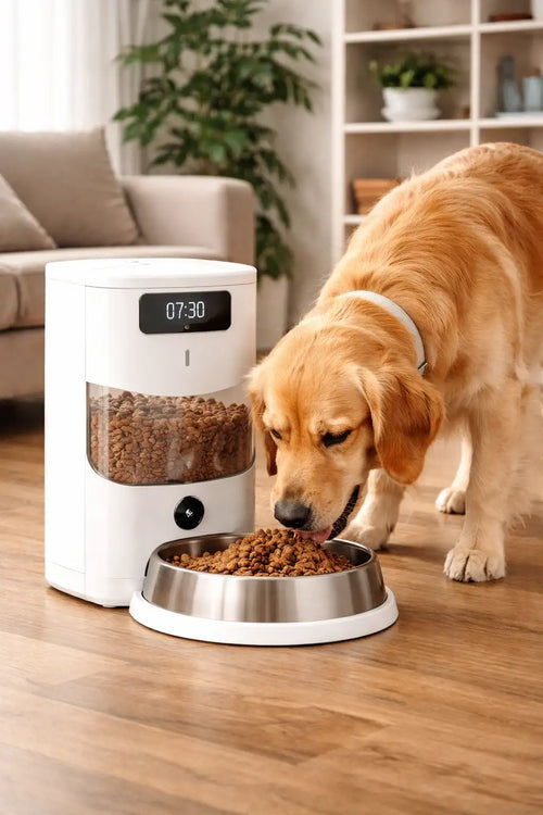 Бяла умна кучешка хранилка с цифров дисплей и прозрачен отдел за храна, с неръждаема стомана купа отдолу.