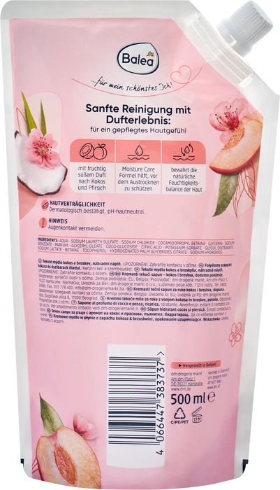 Пълнител за течен сапун с кокос и праскова, 500 ml
