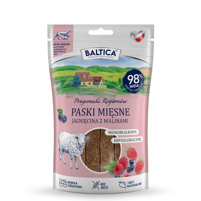 BALTICA Przysmaki Regionów Моно месни лентички Агнешко с малини – лакомство за кучета – 90 г