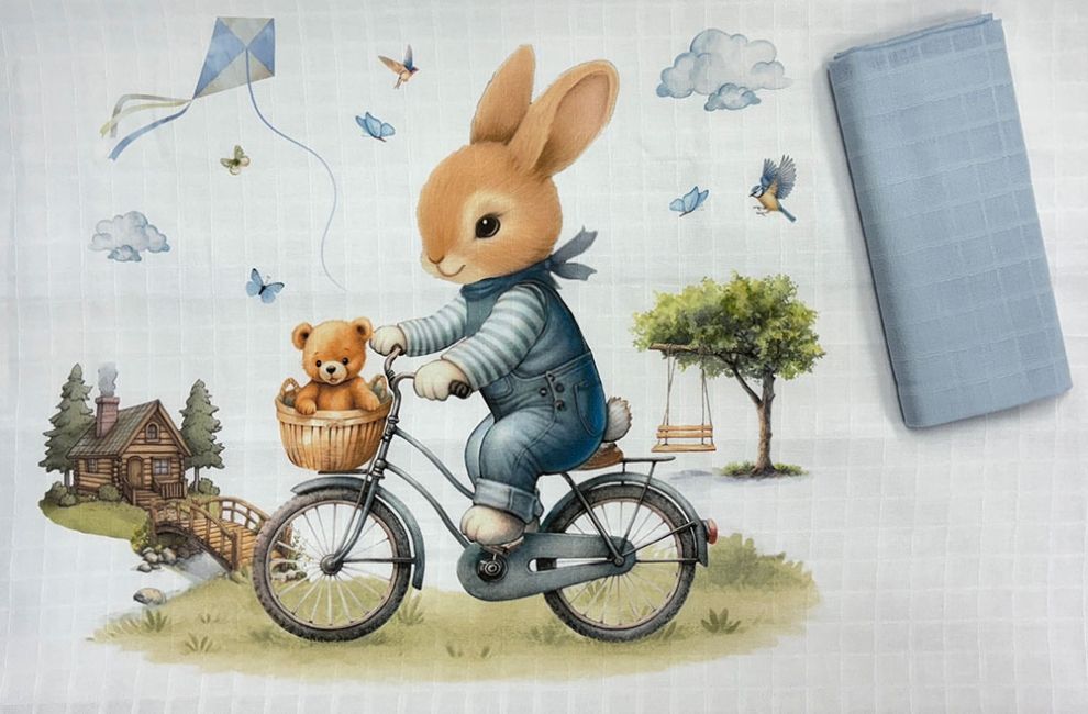 Муселинови пелени Bambino Casa - Blu Rabbit Bicycle, 2 броя, 80 х 80 cm