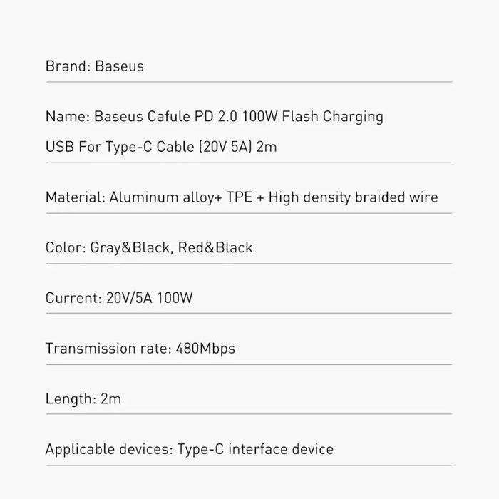Baseus CATKLF-AL91 USB-C - USB-C PD QC кабел 100W 5A
