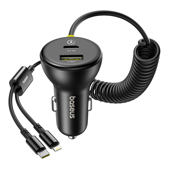 Зарядно за кола Baseus Circular 60W USB-A + USB-C с вграден Lightning + USB-C кабел 1.4 м - черно