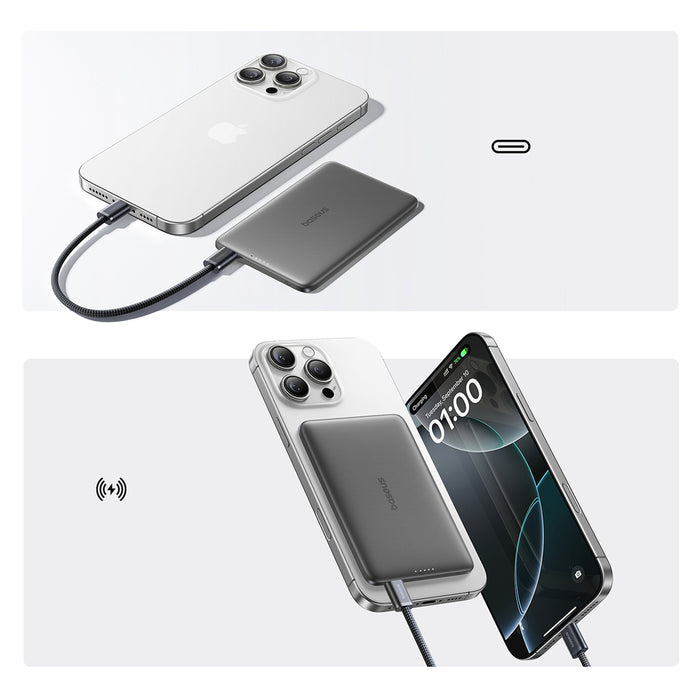 Външна батерия Baseus PicoGo AM41 Ultra-Slim 5000mAh 20W MagSafe, съвместима с Baseus Simple USB-C 60W 30cm кабел - черна
