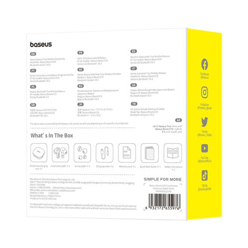 Baseus Earphone Bluetooth Bowie E19 TWS Earphones, BT 5.3, ENC, IPX5, White EU (A00069600223-00)