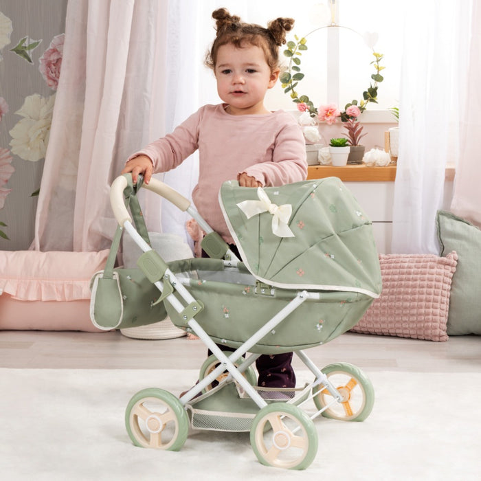 Количка за кукли Bayer - Cosy, с чанта, одеяло и възглавница, зелена