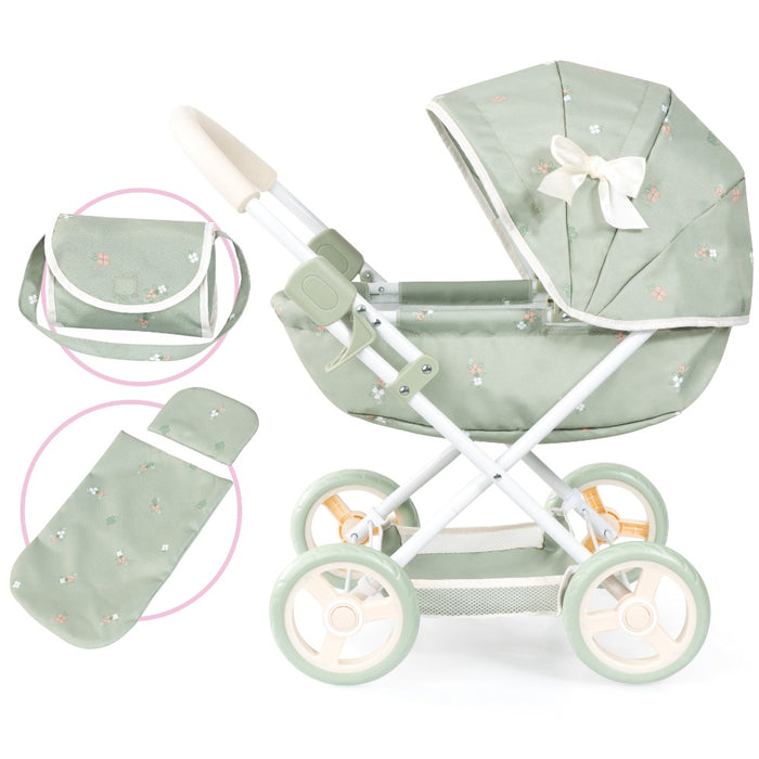 Количка за кукли Bayer - Cosy, с чанта, одеяло и възглавница, зелена
