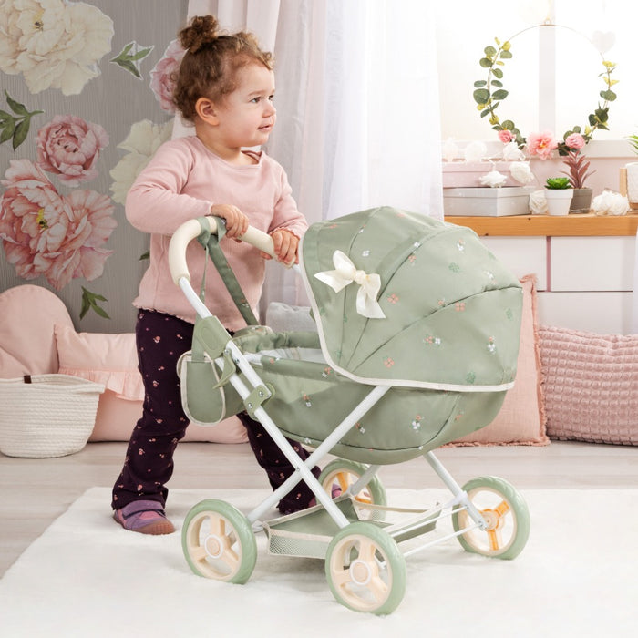 Количка за кукли Bayer - Cosy, с чанта, одеяло и възглавница, зелена