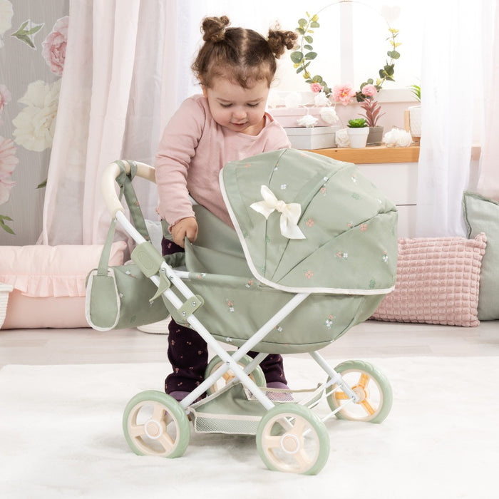Количка за кукли Bayer - Cosy, с чанта, одеяло и възглавница, зелена