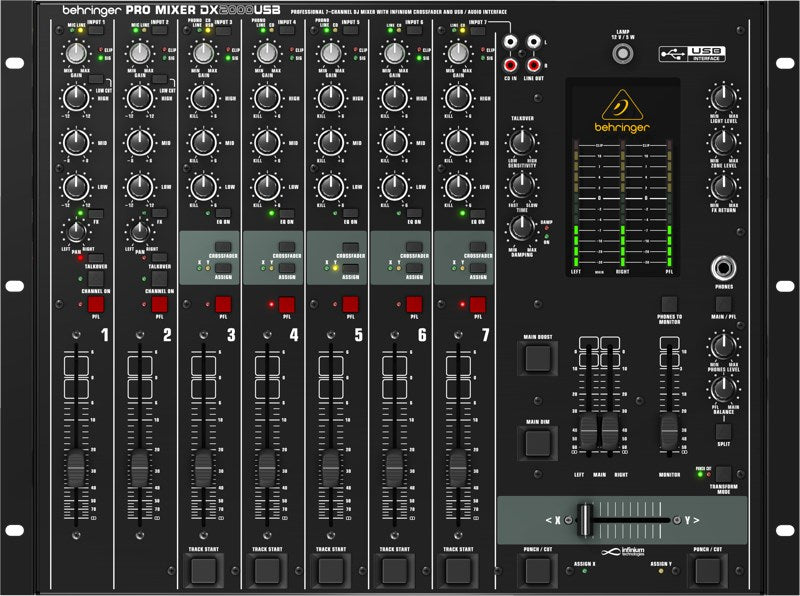 Behringer DX2000USB - професионален 7-канален DJ миксер с INFINIUM „безконтактен“ VCA кросфейдър и USB/аудио интерфейс.