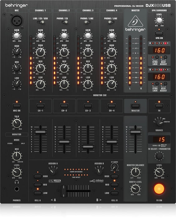 Behringer DJX900USB - професионален 5-канален DJ миксер с INFINIUM „безконтактен“ VCA кросфейдър, усъвършенствани цифрови ефекти и USB/аудио интерфейс.