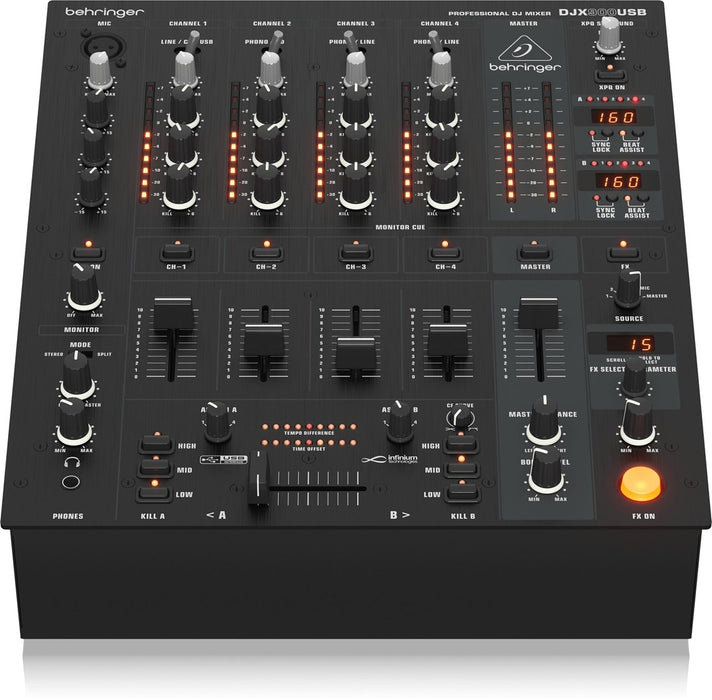 Behringer DJX900USB - професионален 5-канален DJ миксер с INFINIUM „безконтактен“ VCA кросфейдър, усъвършенствани цифрови ефекти и USB/аудио интерфейс.