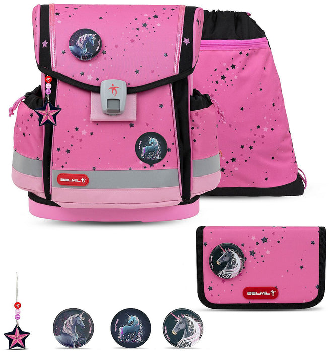 Ученически комплект Belmil - Pink Black, раница, несесер, мешка и 3 броя значки