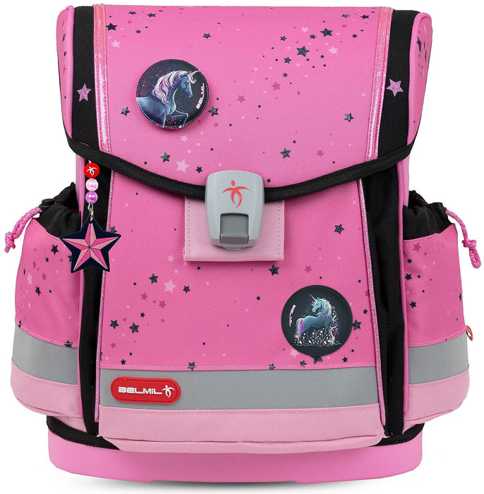 Ученически комплект Belmil - Pink Black, раница, несесер, мешка и 3 броя значки