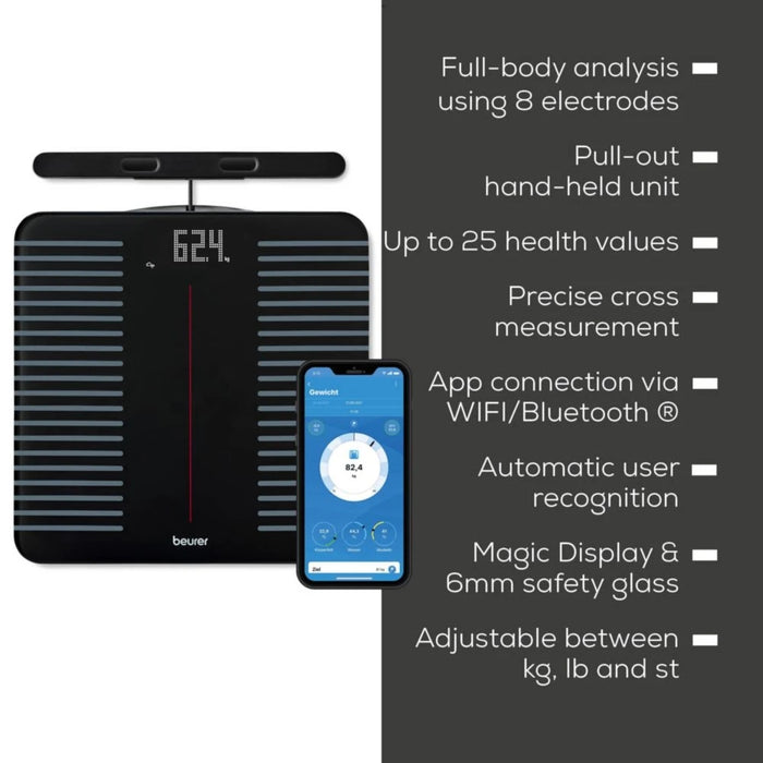 Beurer BF 990 WIFI/Bluetooth диагностична везна за баня с 8 електрода и разтегателен накрайник за цялостен анализ на тялото; 5 нива на активност; 8 потребителски памети; 180 кг