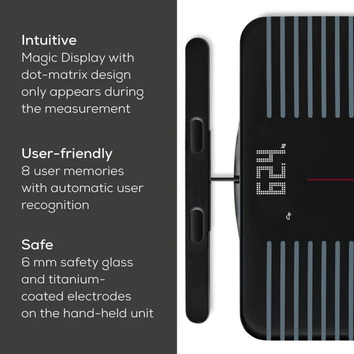 Beurer BF 990 WIFI/Bluetooth диагностична везна за баня с 8 електрода и разтегателен накрайник за цялостен анализ на тялото; 5 нива на активност; 8 потребителски памети; 180 кг
