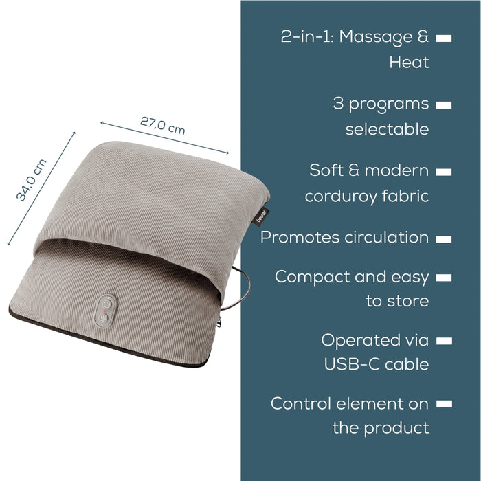 Beurer FM 28 Компактен масажор за крака 2 в 1: Вибрационен масажор и нагревател за крака; 3 програми; Работа чрез USB-C кабел; до размер 43; автоматично изключване след 20 минути