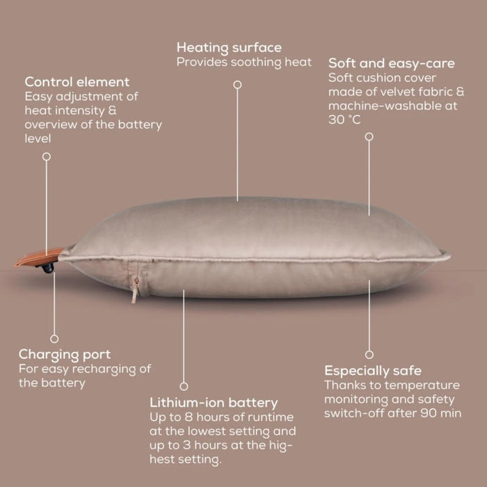 Beurer HK 77 Heaty опушен бежов; литиево-йонна батерия; мека кадифена калъфка за възглавница, може да се пере в пералня на 30°C; 3 температурни настройки; бързо нагряване; BSS; 45(Д)x45(Ш) см