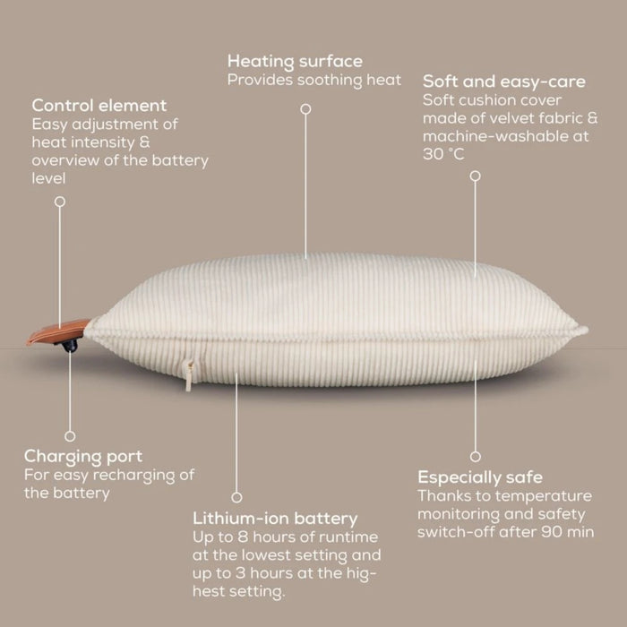 Beurer HK 77 Heaty кашмирен крем; литиево-йонна батерия; мека кадифена калъфка за възглавница, може да се пере в пералня на 30°C; 3 температурни настройки; бързо нагряване; BSS; 45(Д)x45(Ш) см
