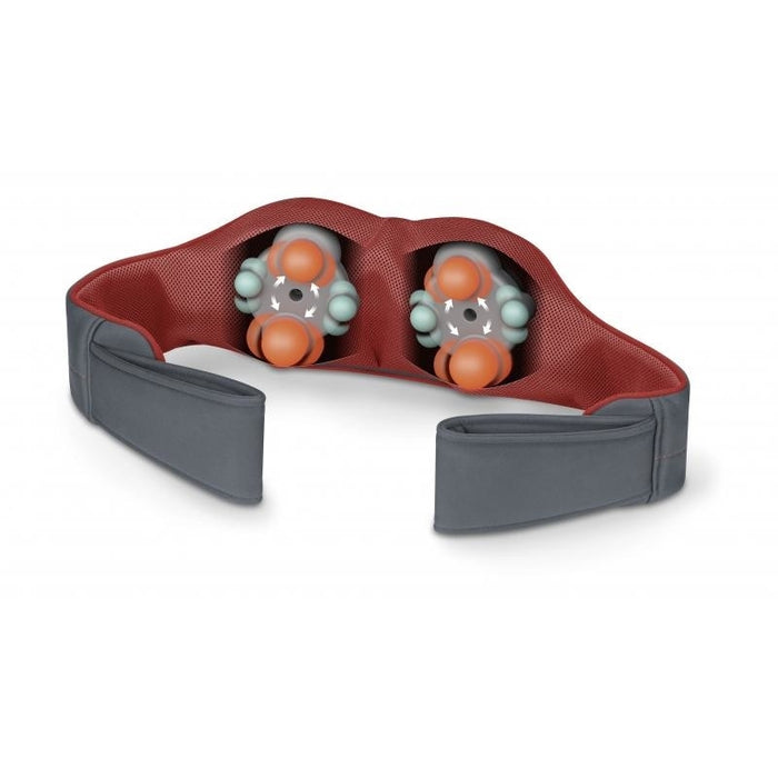 Beurer MG 151 3D Shiatsu масажор; за рамене, шия, гръб и крака; 3D масажни глави; 8 въртящи се шиацу масажни глави; Въртене по/обратно на часовниковата стрелка; 3 нива; автоматично изключване; светлинна и топлинна функция