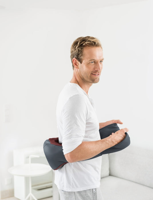 Beurer MG 151 3D Shiatsu масажор; за рамене, шия, гръб и крака; 3D масажни глави; 8 въртящи се шиацу масажни глави; Въртене по/обратно на часовниковата стрелка; 3 нива; автоматично изключване; светлинна и топлинна функция