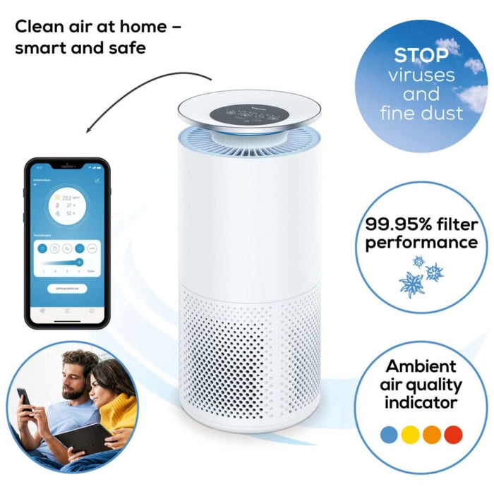 Пречиствател на въздух Beurer LR 400 WIFI / BT бял - Управляем чрез приложение "beurer FreshHome"; CADR приблизително 266 м3/ч; Smart Sensor PM 2.5 2 г/м2; трислойна филтърна система; 4 нива + турбо; Таймер; Цветен индикатор за качеството на въздуха в пом