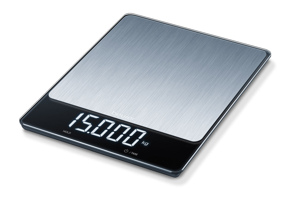 Кухненска везна Beurer KS 34 XL; Теглителна повърхност от неръждаема стомана; Magic LED; 15 кг / 1 гр