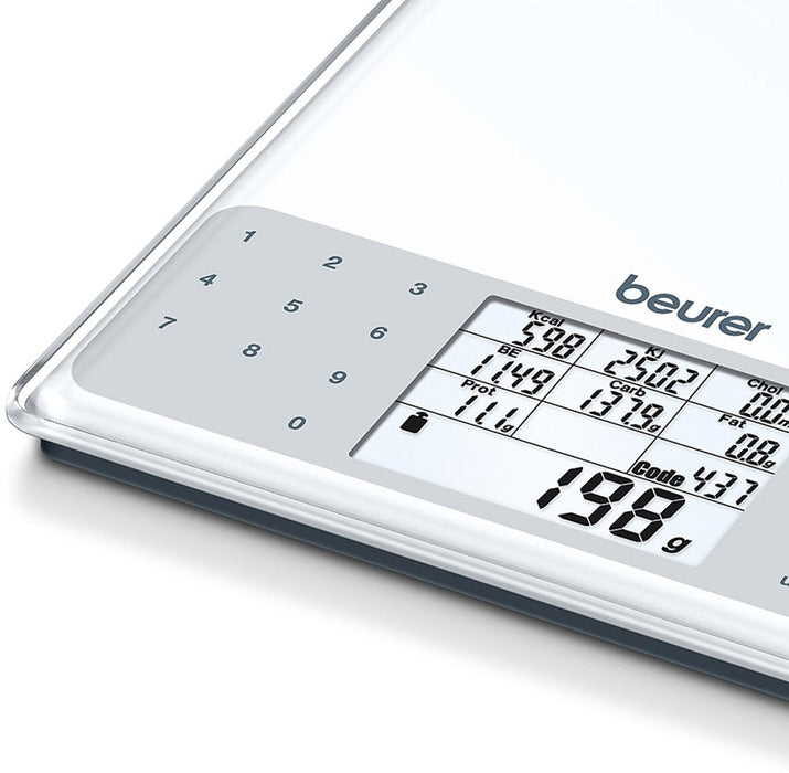 Beurer DS 61 везна за хранителен анализ; Хранителни и енергийни стойности за 950 запазени храни (kcal, kJ, мазнини, хлебни единици, протеини, въглехидрати и холестерол) и място за 50 персонализирани места в паметта; 5 кг / 1 гр