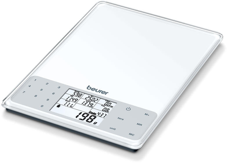 Beurer DS 61 везна за хранителен анализ; Хранителни и енергийни стойности за 950 запазени храни (kcal, kJ, мазнини, хлебни единици, протеини, въглехидрати и холестерол) и място за 50 персонализирани места в паметта; 5 кг / 1 гр