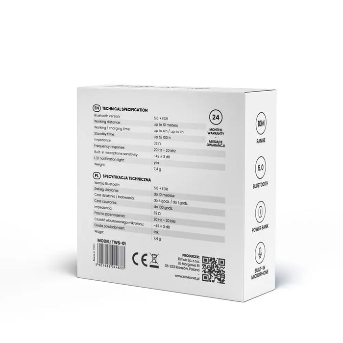 Безжични Bluetooth слушалки Savio TWS-01 бели