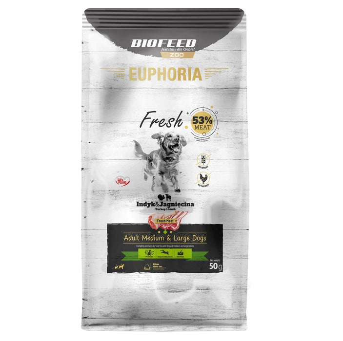 EUPHORIA Прясна храна за възрастни кучета с пуйка и агнешко M/L - суха храна за кучета - 50 г