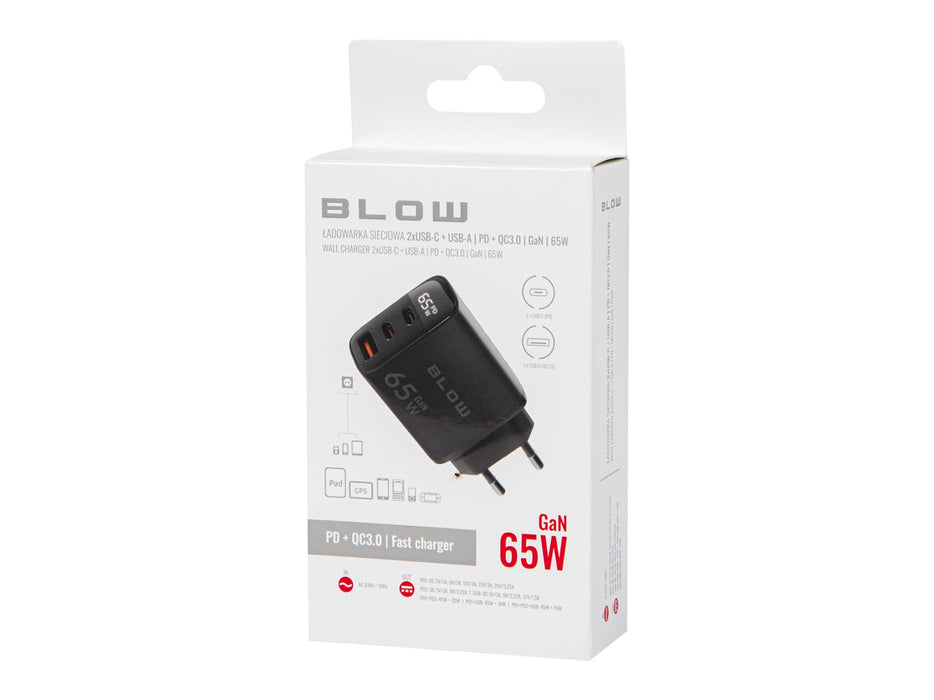 LCD зарядно за стена USB контакт + USB-Cx2 PD 65W GAN черен ватметър