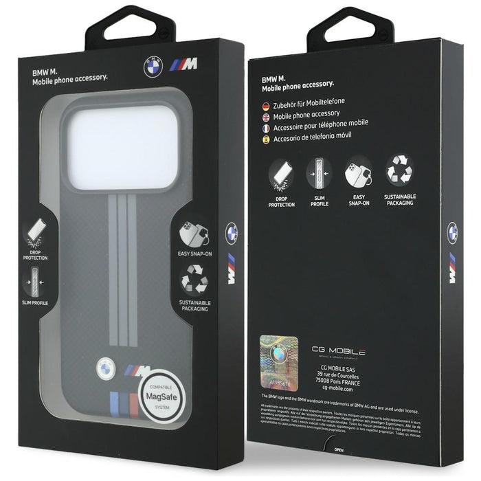 BMW M Quadrille Kevlar Anthracite & Tricolor Print Lines MagSafe калъф за iPhone 17 Pro / 18 Pro - черен