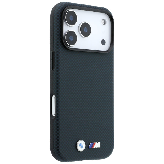 Калъф BMW M Quadrille Kevlar Metal Logo MagSafe за iPhone 17 Pro / 18 Pro - тъмносин