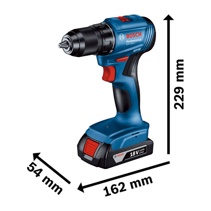 АКУМУЛАТОРНА БЕЗЧЕТКОВА БОРМАШИНА BOSCH PROFESSIONAL GSR 185 Li 18 V, 50.00 nm, БРОЙ БАТЕРИИ 2, 2.00 Ah, КУФАР