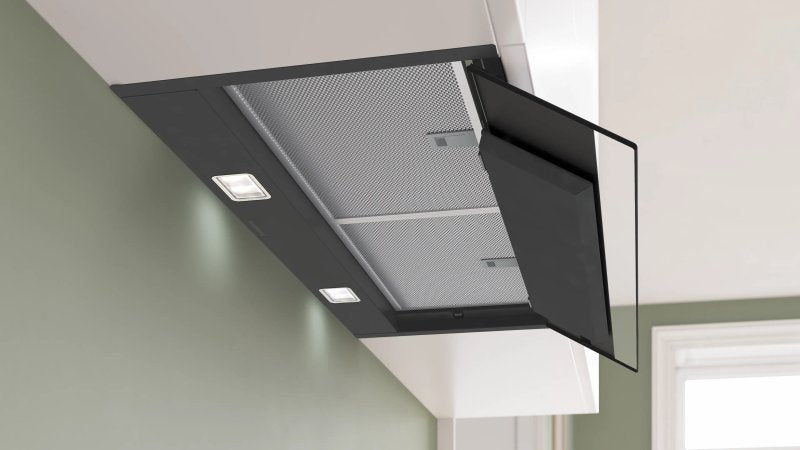Bosch DBB87DP60, SER6, Вграден абсорбатор 80 см A+, EcoSilenceDrive, макс. 433(699) м3/ч, 57(68) dB, 3+1 скорости, CoP A, Ефективност на мазнините 85,3%(B), Сензорно управление на стъклото, HC, Регулиране на цветната температура, Матово черно